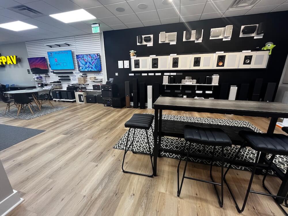 FPAV showroom demonstration space with speakers and displays