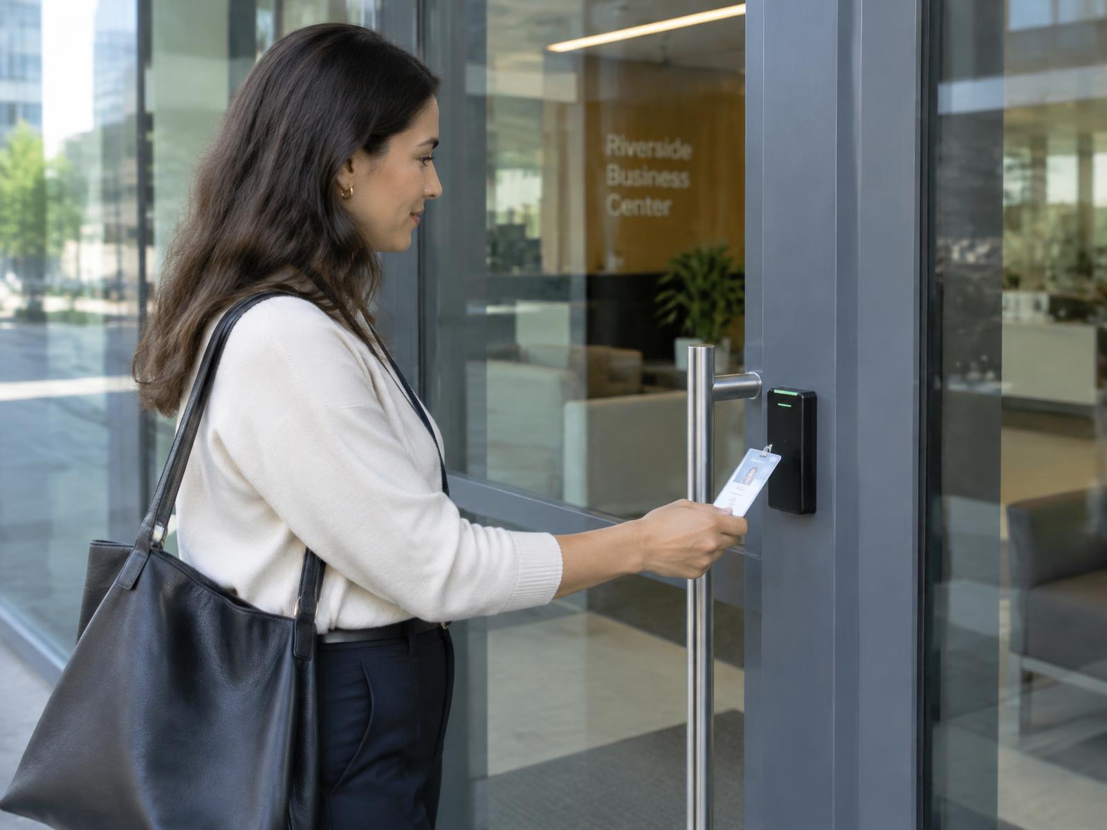 Employee holding a badge to a card reader beside a commercial glass office door