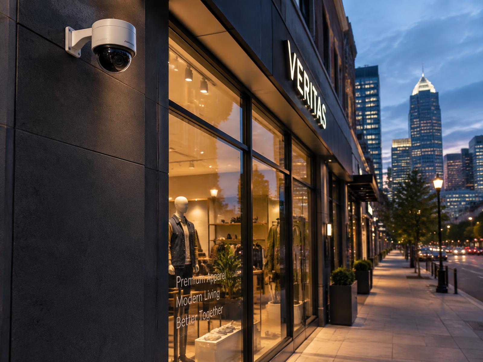 Surveillance camera mounted on a commercial storefront facade at dusk