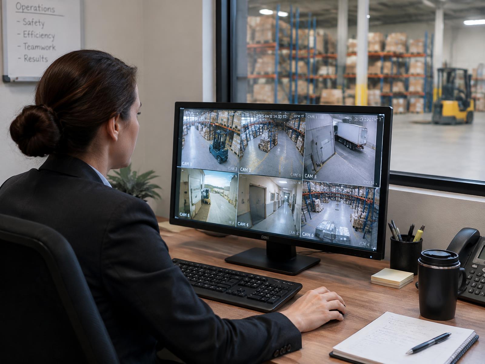 Business manager reviewing multiple security camera feeds on a monitor in a warehouse office