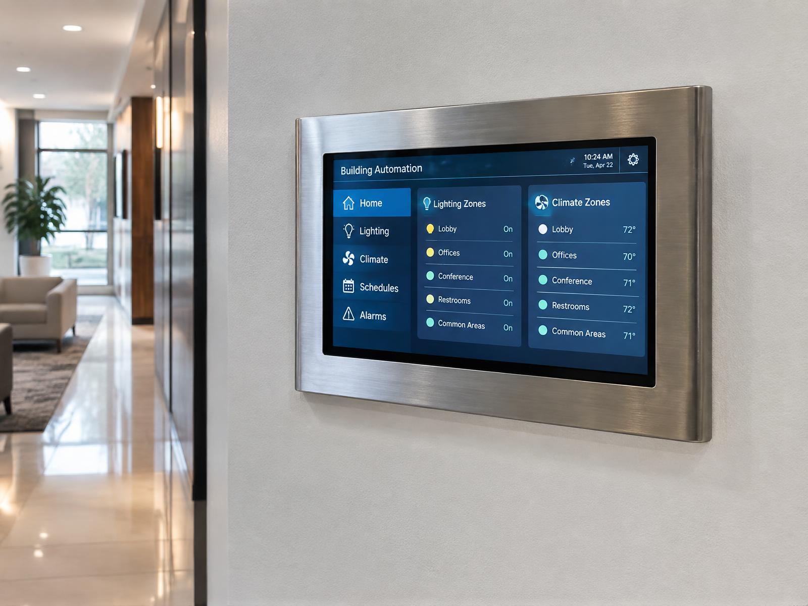 Wall-mounted building automation touchscreen in an office corridor showing lighting and climate zones