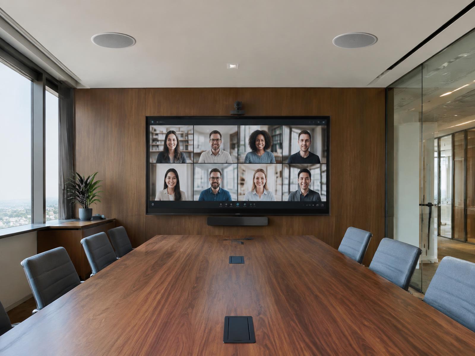 Conference room display showing a video call, with ceiling speakers and a table with integrated connection points