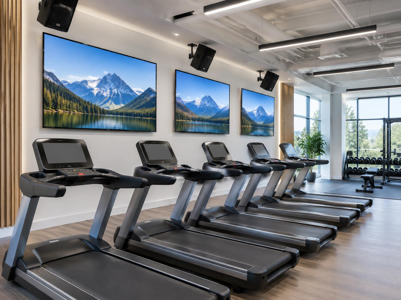 Fitness studio with wall-mounted televisions and ceiling speakers above a row of treadmills