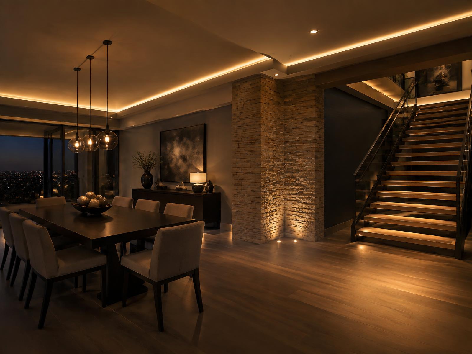 Dining area and open stairway at night lit by layered cove lighting and step lights