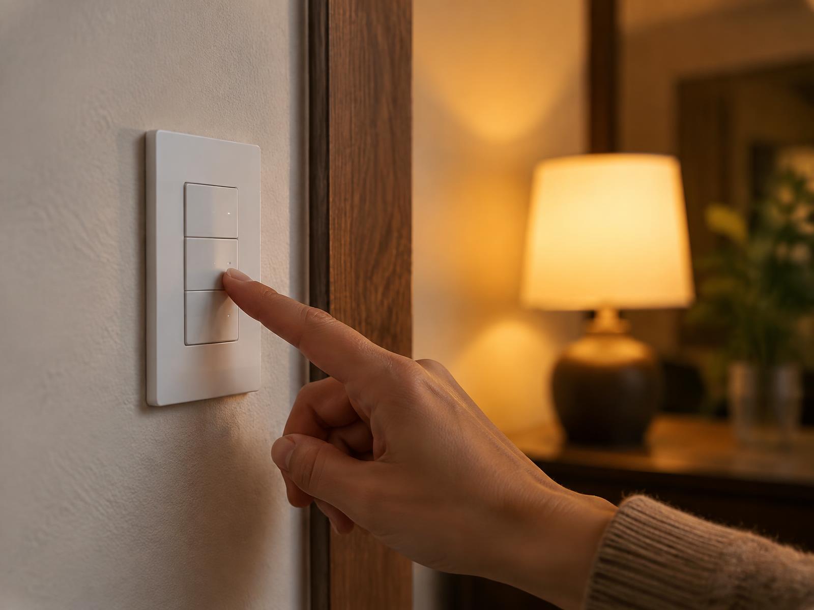 Hand pressing a button on a wall-mounted lighting keypad beside a warmly lit lamp
