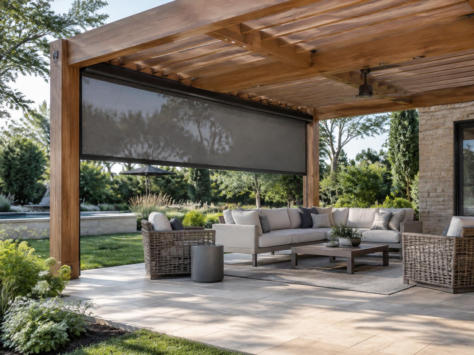 Motorized exterior screen partly lowered on a cedar pergola over a patio seating area