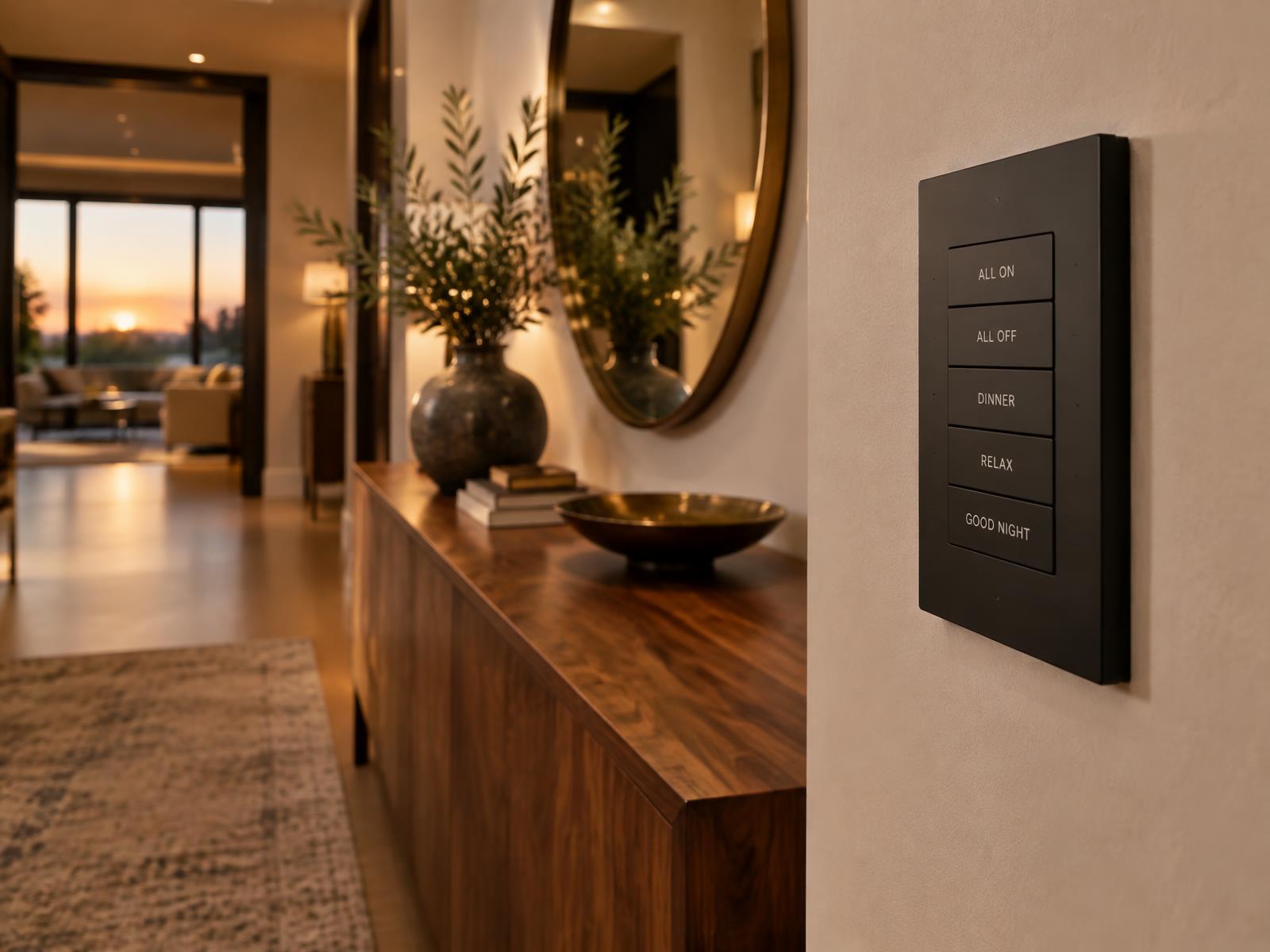 Wall-mounted smart home keypad with lighting and scene buttons in a home entry hall