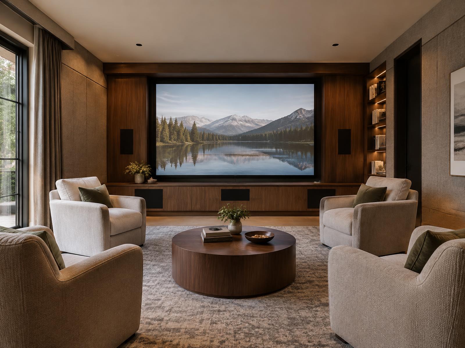 Media room with a large screen, four lounge chairs and fabric acoustic wall panels