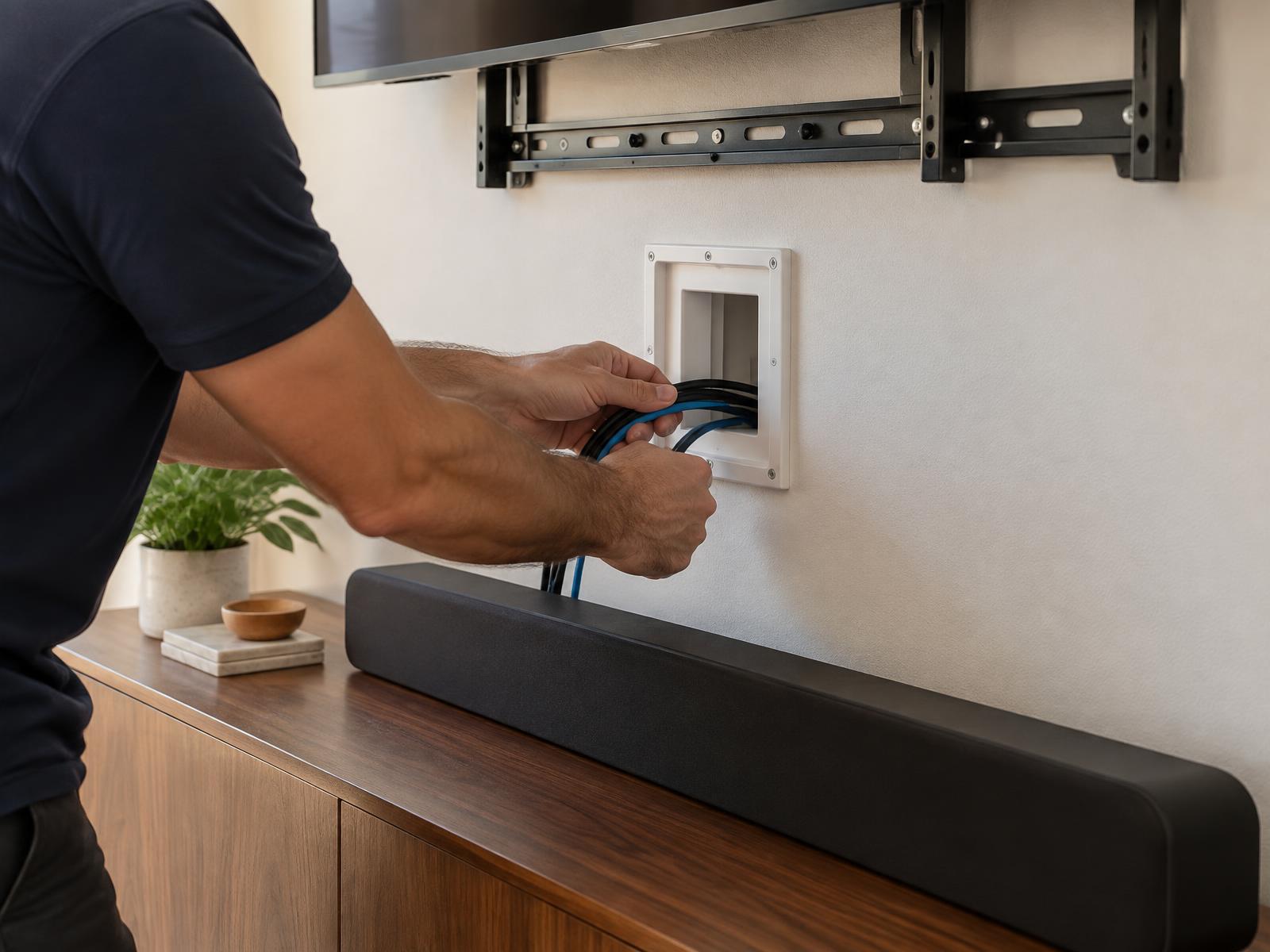Installer feeding television cables into a recessed in-wall pass-through plate above a soundbar