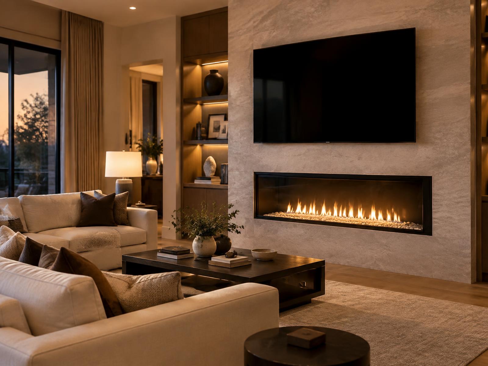 Flat-screen television mounted above a linear gas fireplace in a warmly lit living room