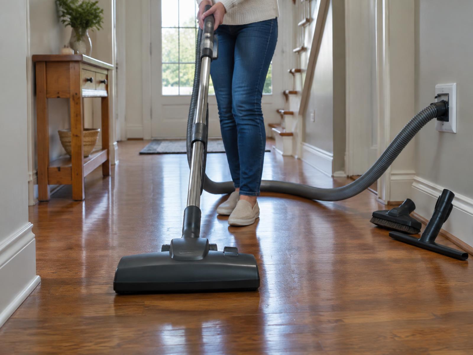 Homeowner cleaning a hardwood floor with a central vacuum hose and power brush attachment