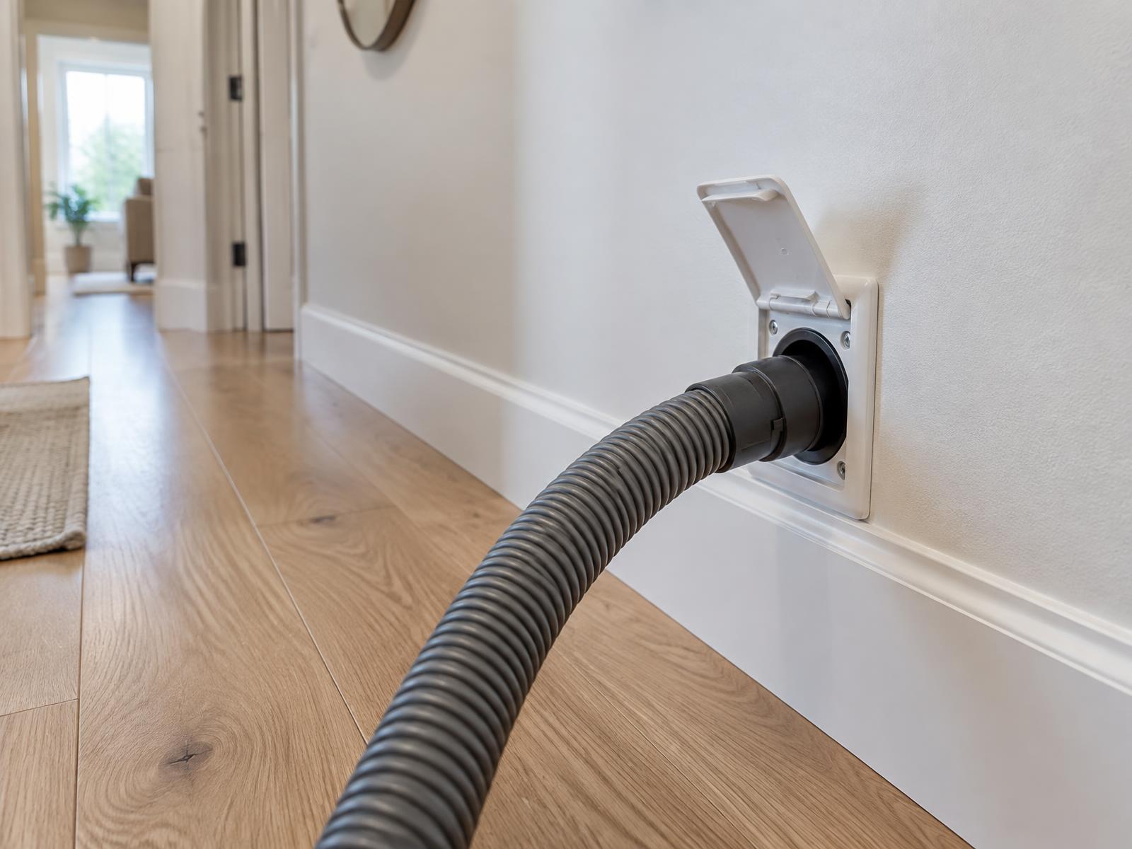 Central vacuum wall inlet opened in a hallway with the vacuum hose plugged in