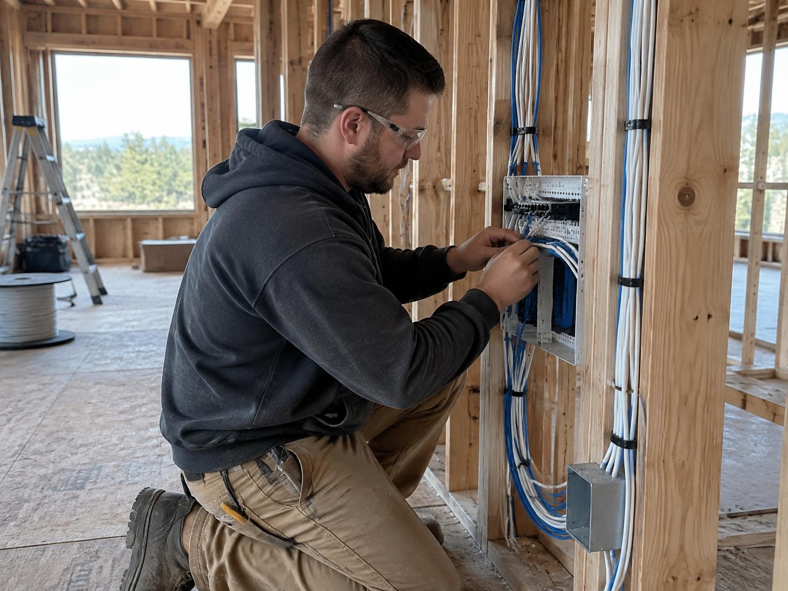 Installer terminating structured cabling at open stud walls during a new-home rough-in