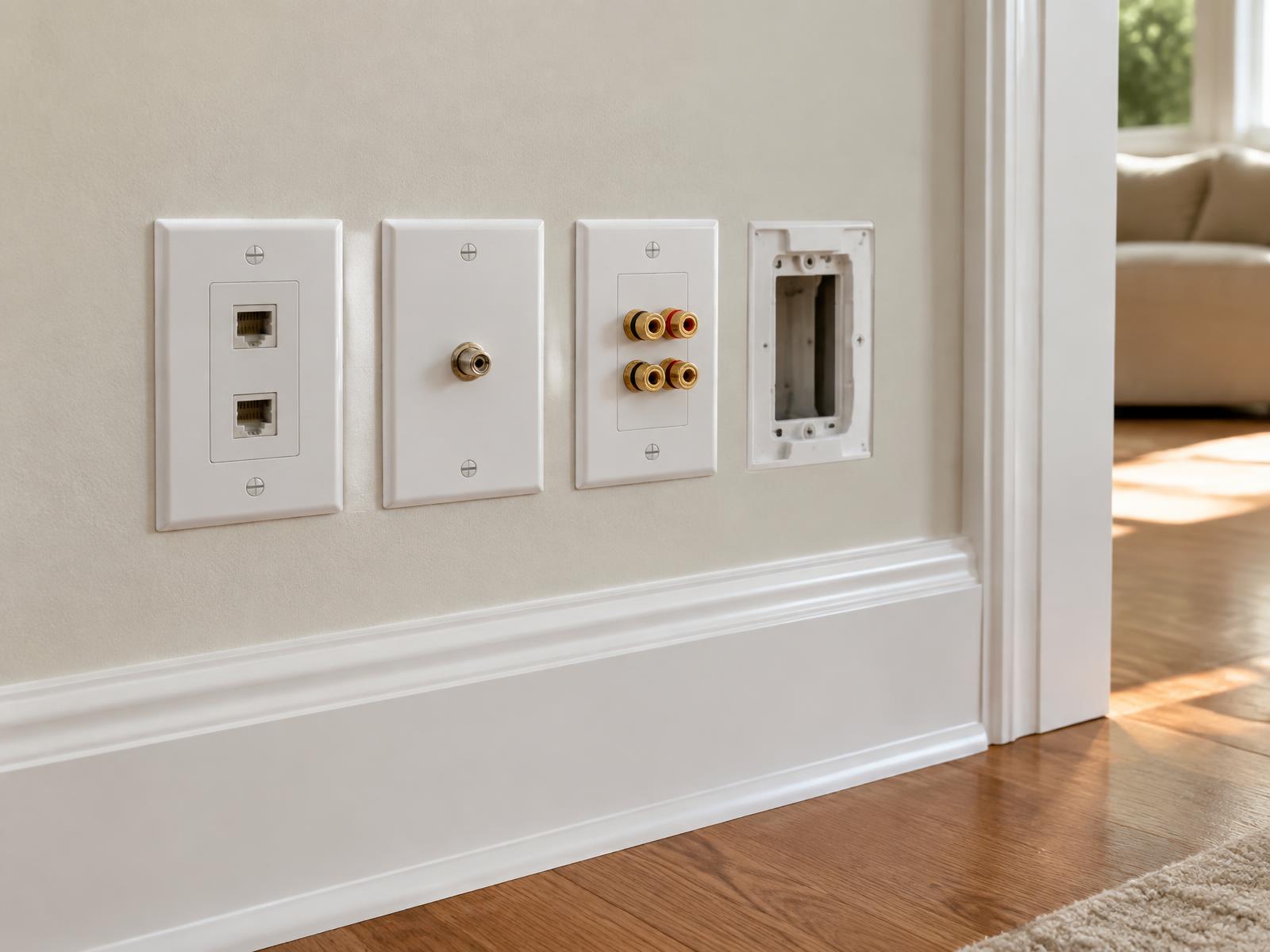 Network, coax and speaker wall plates installed on a finished wall