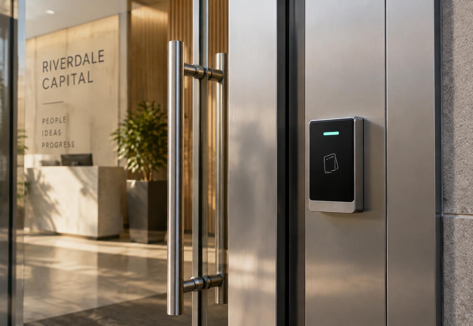 Card reader access control panel beside a commercial glass entry door