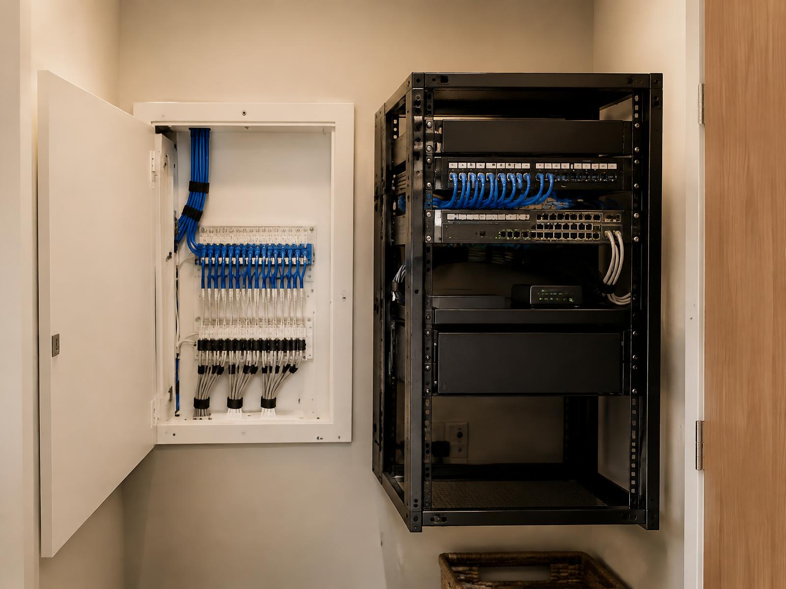 Structured wiring enclosure and network rack in a home utility closet