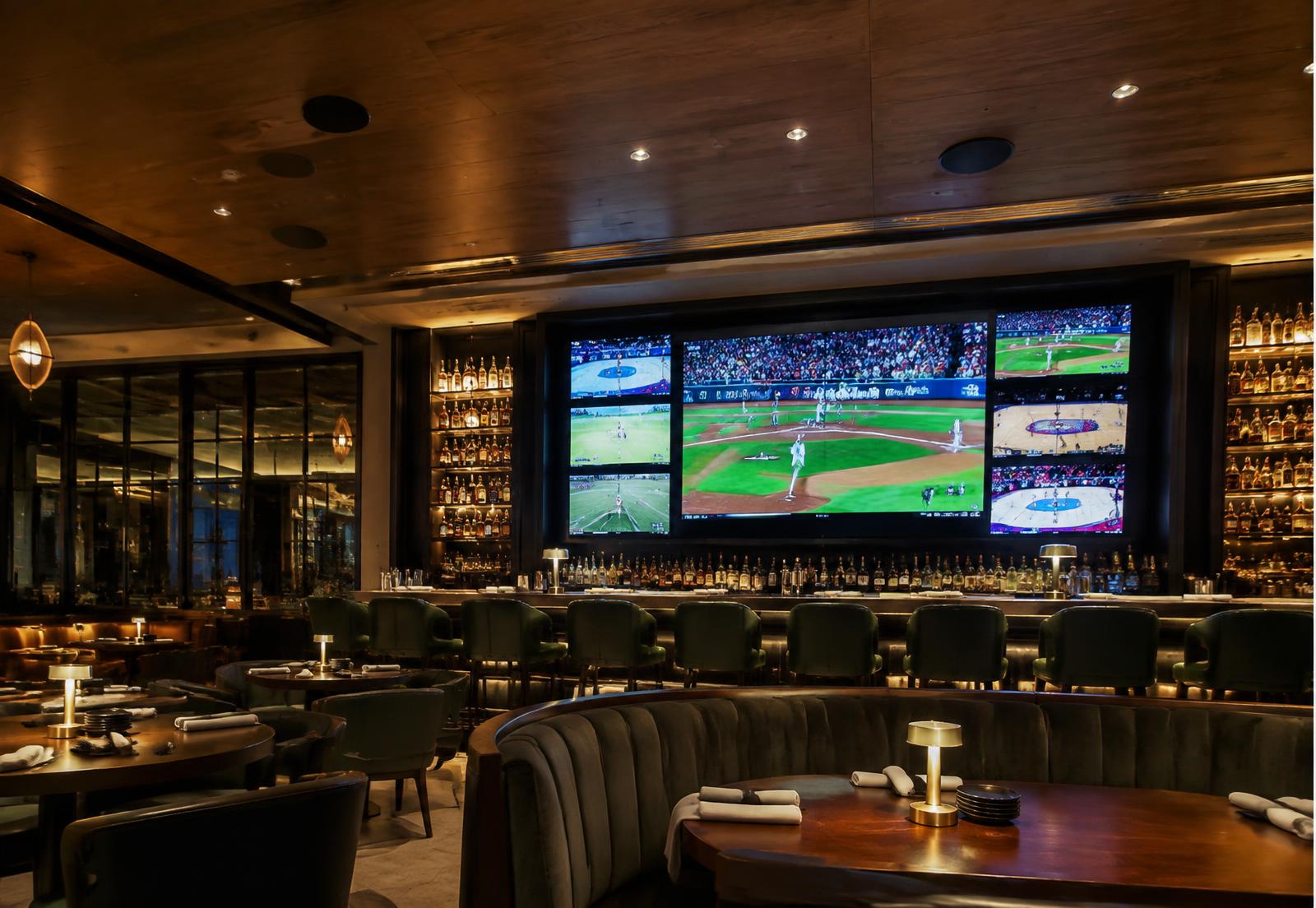 Upscale sports bar with a wall of televisions above the bar