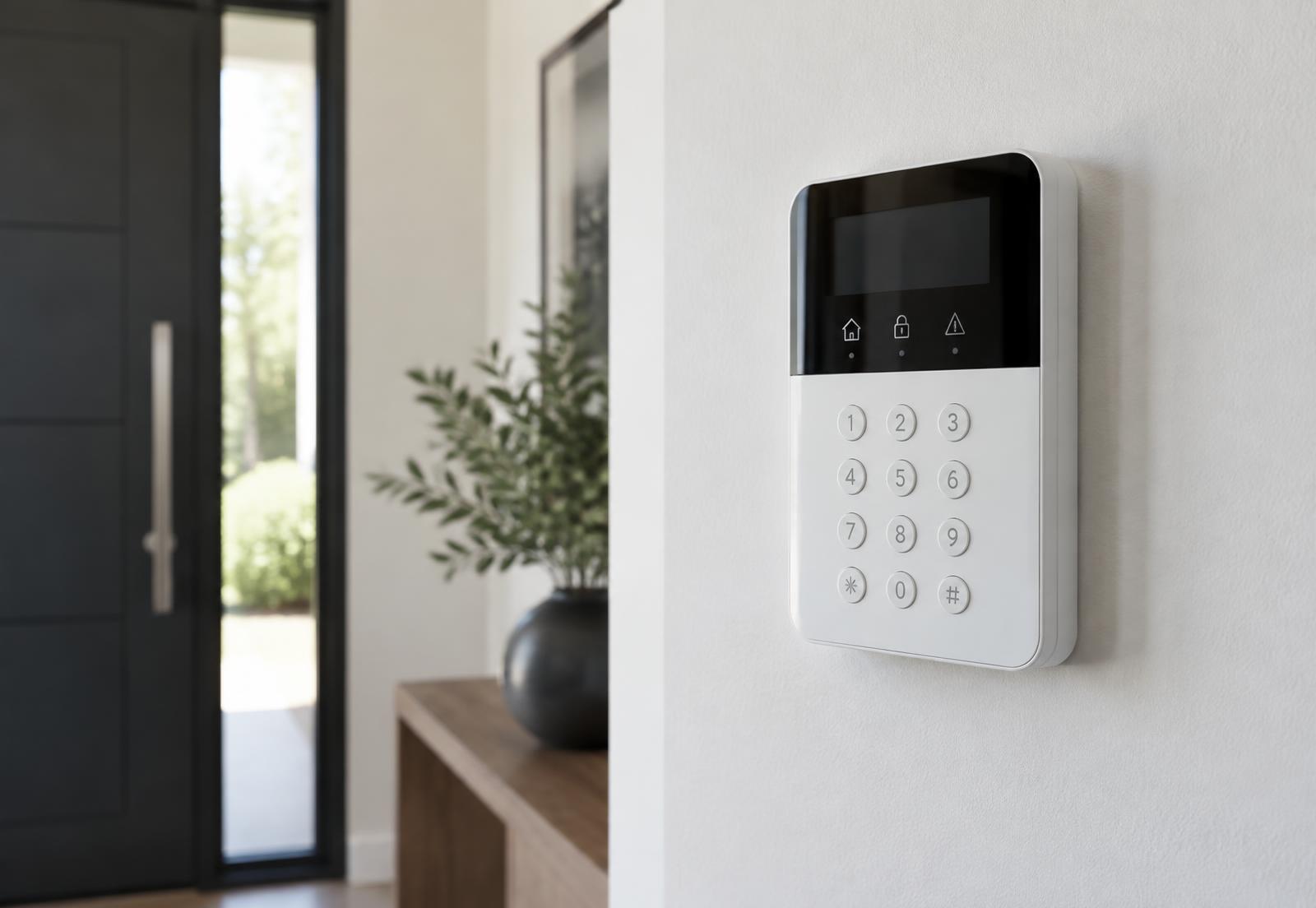 Easy-to-read alarm keypad mounted in a bright home entryway