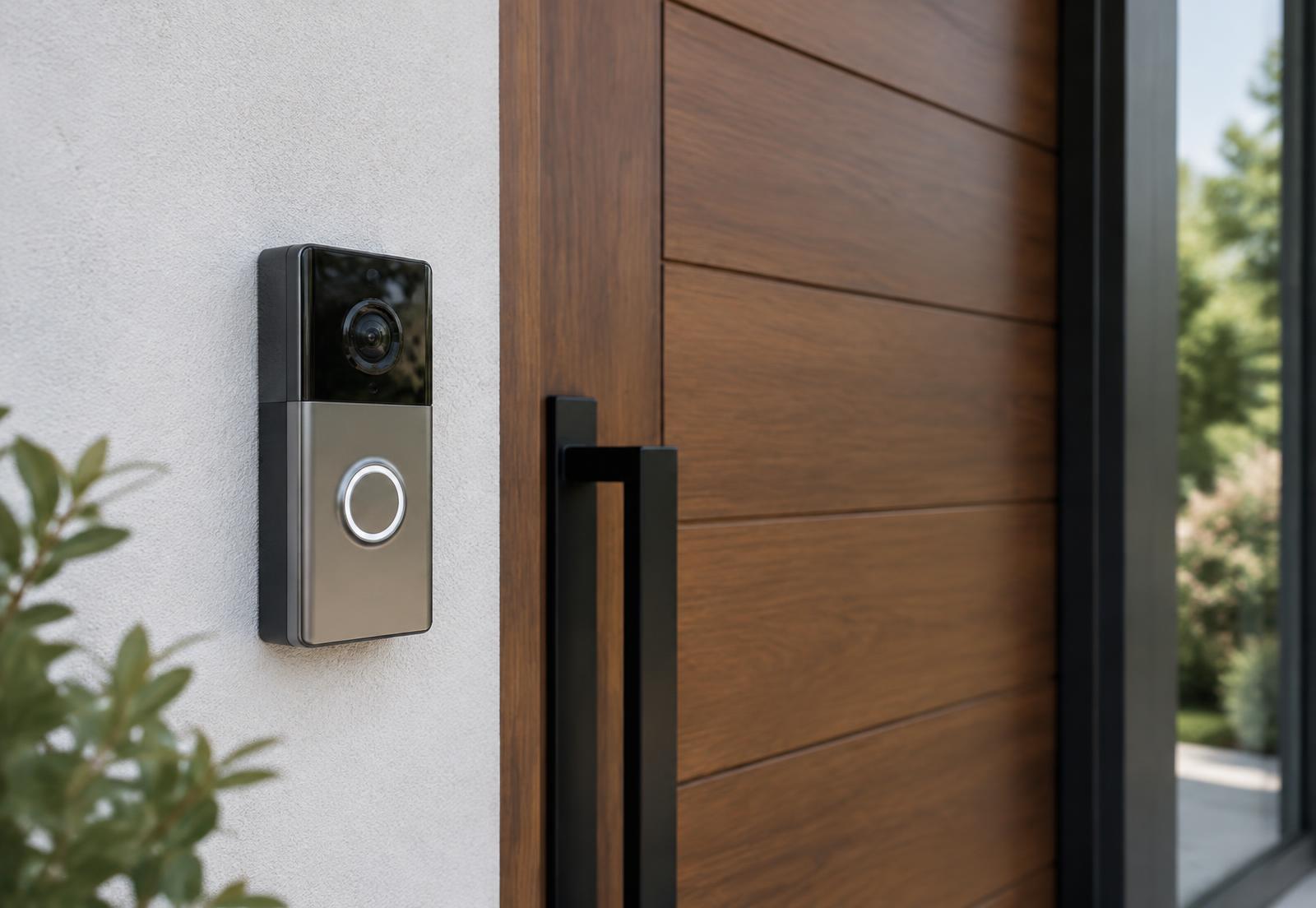 Video doorbell mounted beside a wood front door